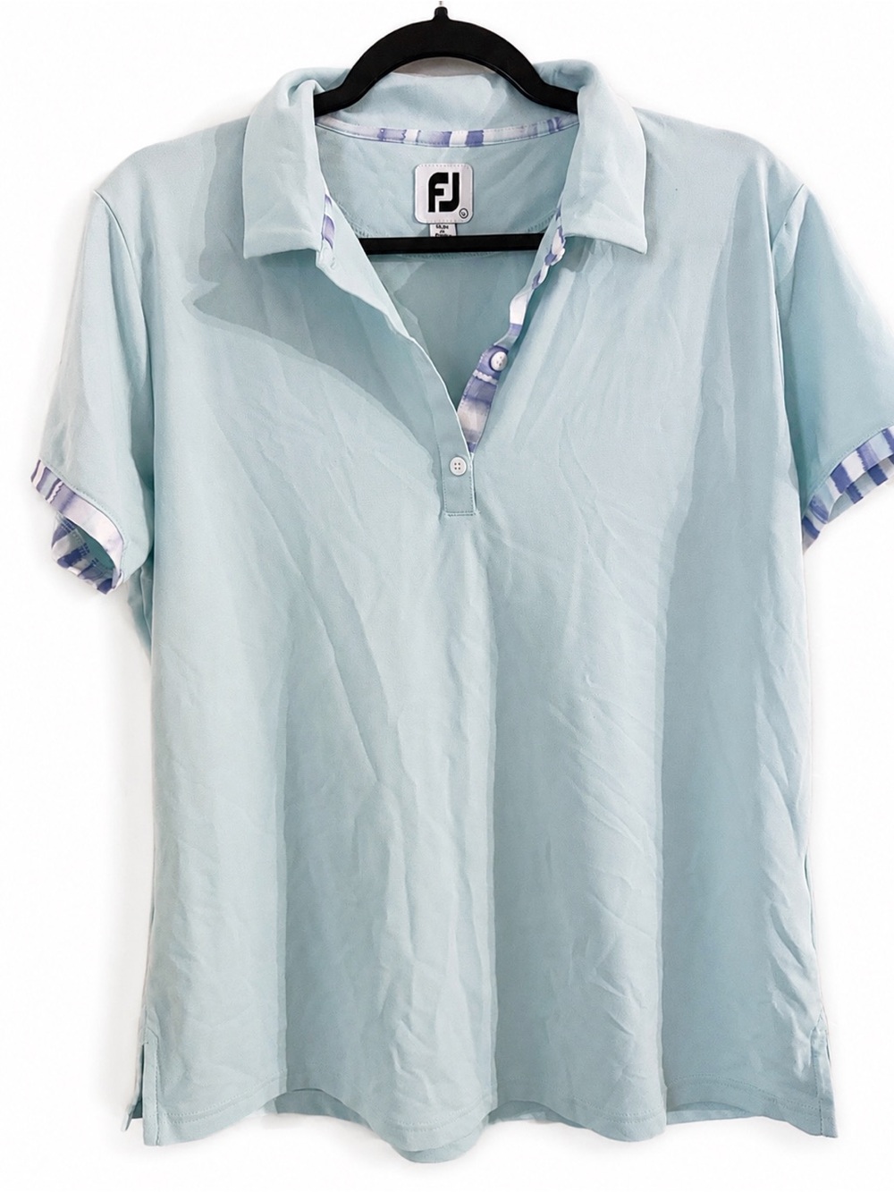 FootJoy Women’s Blue Lavender Golf Polo Performance Stretch Print Trim Resort L
